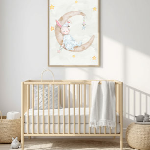 Poster Lapin à l'aquarelle dormant sur une lune - Art pou