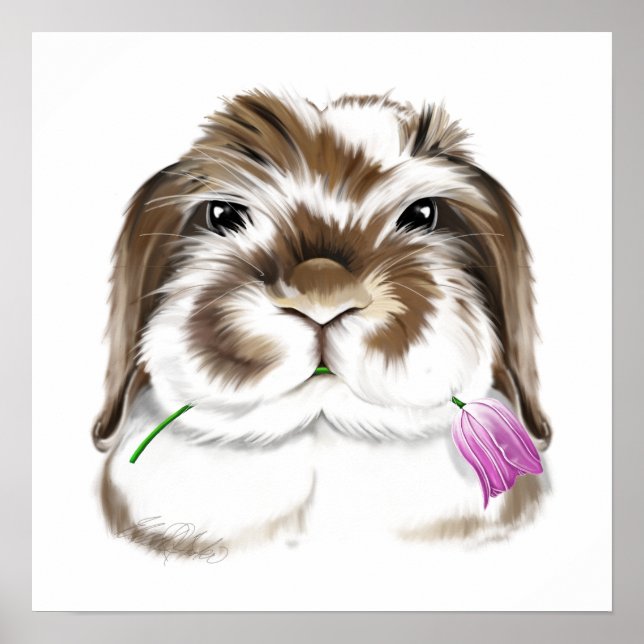 Poster Lapin américain adorable Fuzzy Lop avec tulipe ros (Devant)