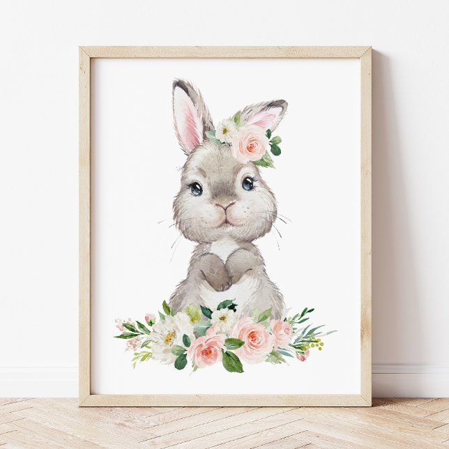 Poster Lapin, Animaux De Ferme, Fleurs Roses, Petite Pépi (Créateur téléchargé)