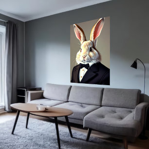 Poster Lapin anthropomorphique en costume noir   Art AI