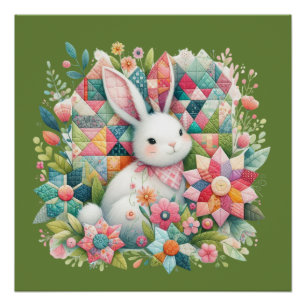 Poster Lapin avec courtepointe et fleurs