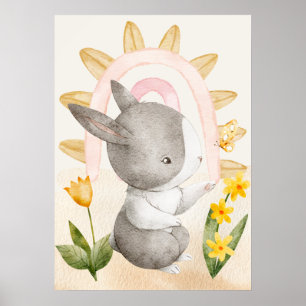Poster Lapin, Bébé Animaux, Boho, Fleurs Jaunes, Arc-en-c