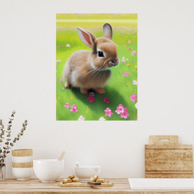 Poster Lapin bébé mignon dans une prairie fleurie  (Cuisine)