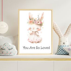 Poster Lapin Bébé Robe Rose Fleurs Nursery Fille