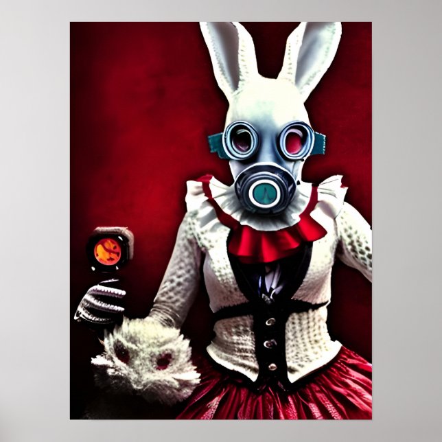 Poster Lapin blanc dans un masque à gaz (Devant)