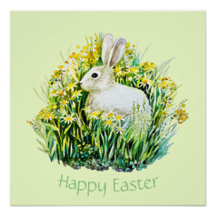 Poster Lapin blanc et fleurs, pâques heureux