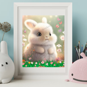 Poster Lapin Blanc Mignon dans le Jardin de Fleurs Art Pé