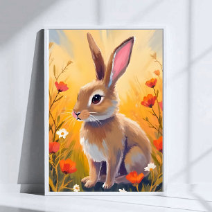 Poster Lapin Brun Peinture Artistique Animale Champ Flora