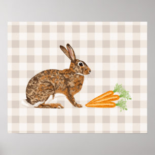 Poster Lapin Brun Rustique Et Carottes Sur Gingham Beige