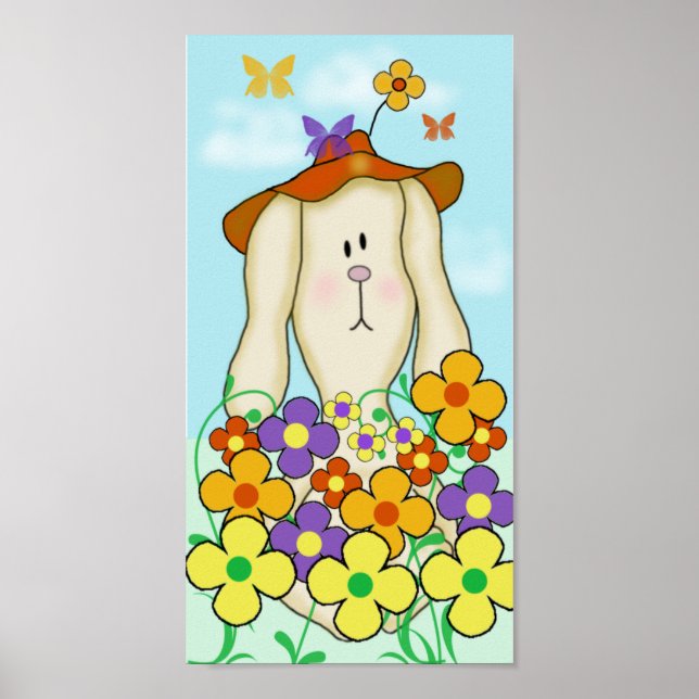 Poster Lapin de dessin animé avec des fleurs (Devant)