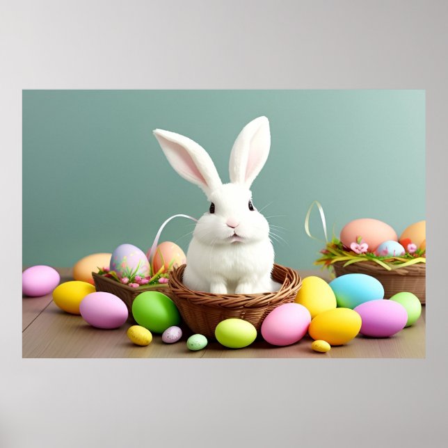Poster Lapin de Pâques assis dans un panier (Devant)