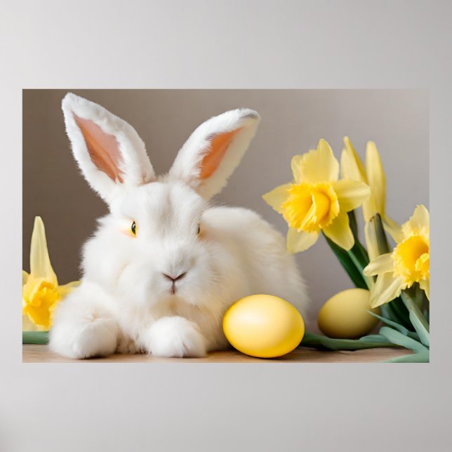 Poster Lapin de Pâques avec jonquilles et oeufs de Pâques (Devant)