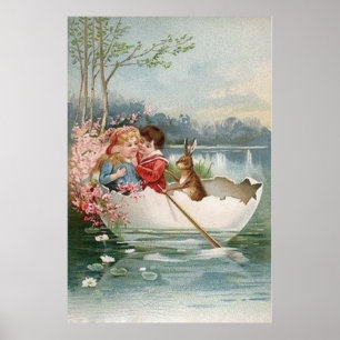 Poster Lapin de Pâques Bateau Jeune Couple Paysage