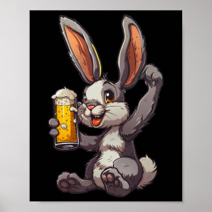 Poster Lapin de Pâques buvant une bière fraîche pour la f