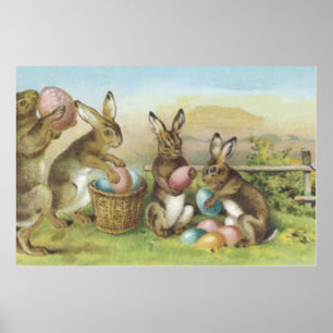 Poster Lapin de Pâques Champ d'Œufs Peints Colorés