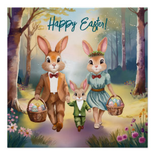 Poster Lapin de Pâques en famille à la chasse aux œufs - 