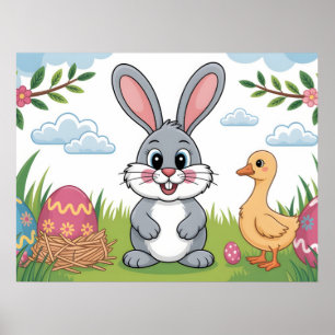Poster Lapin de Pâques et caneton dans une prairie printa