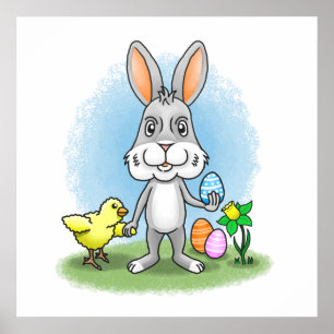 Poster lapin de Pâques et le poulet jaune