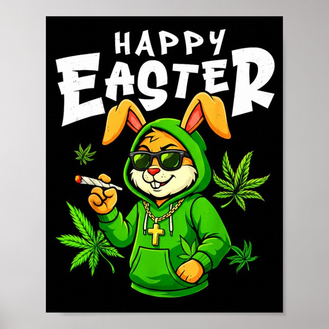 Poster Lapin de Pâques heureux lapin drôle fumant pour ho (Devant)