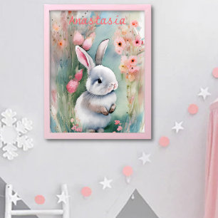 Poster Lapin de Pâques Mignon Pastel Aquarelle Fleurs de