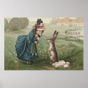 Poster "lapin de pâques" "oeufs colorés" fille poupée pay