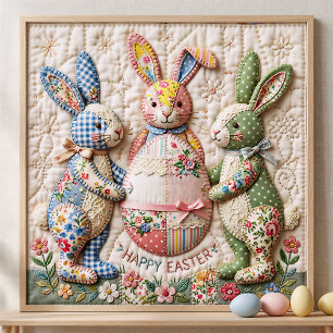 Poster Lapin de Pâques vintage imprimé faux patchwork