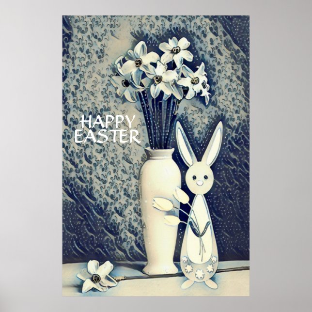 Poster Lapin de style Ukiyo-e japonais et jonquilles Pâqu (Devant)
