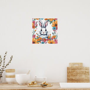 Poster Lapin entouré de fleurs