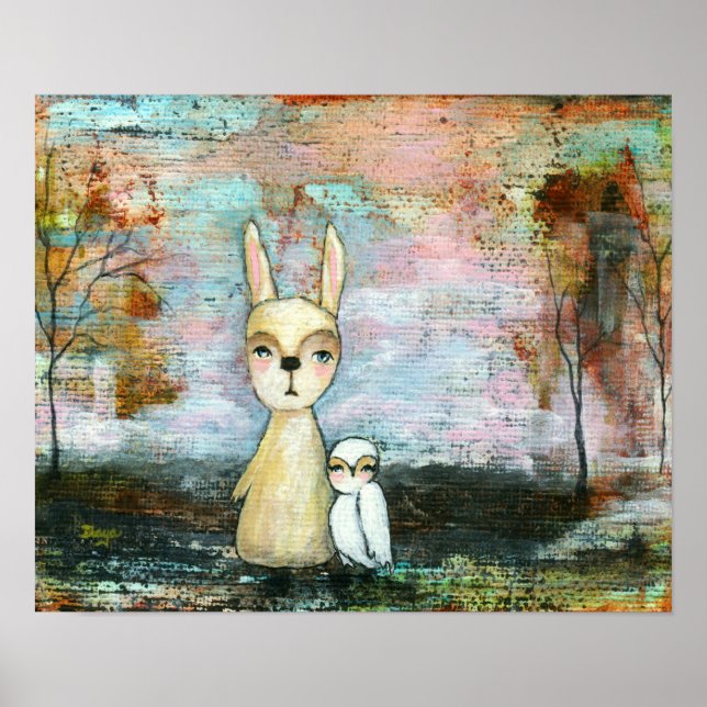 Poster Lapin et Chouette, Bois Animaux Taille personnalis (Devant)