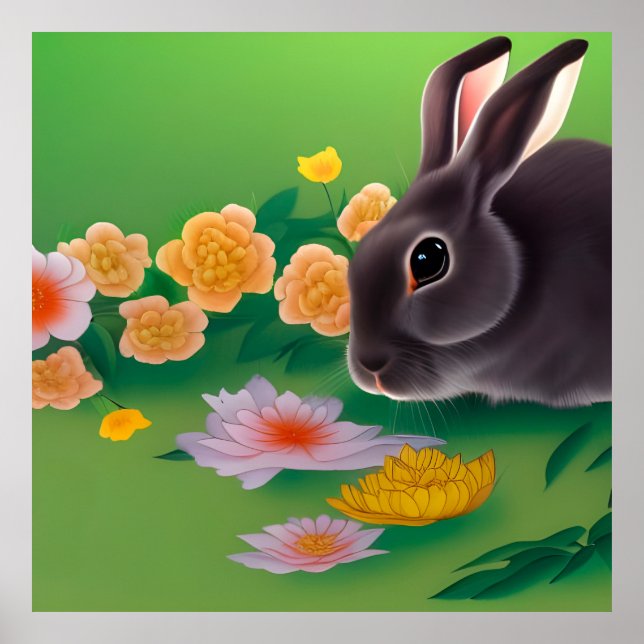 Poster Lapin et fleurs (Devant)