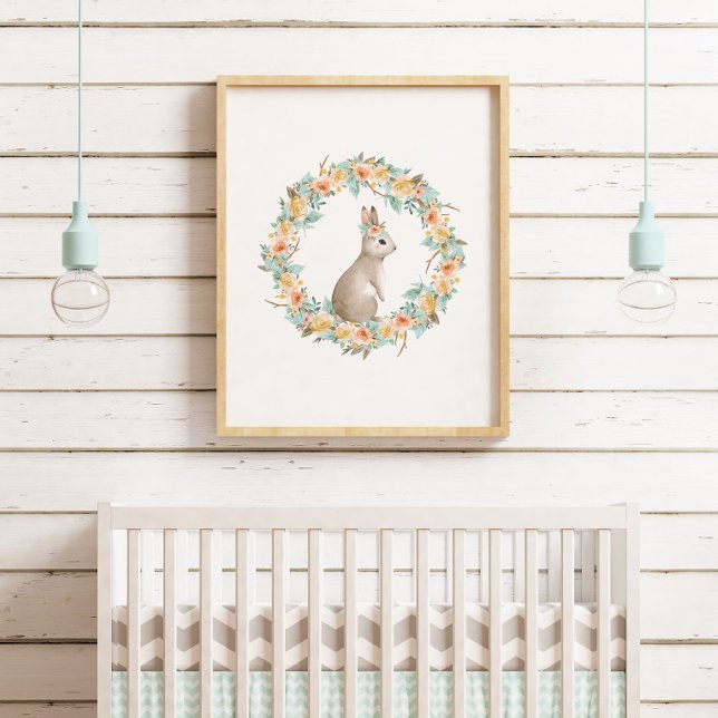 Poster Lapin Floral Aquarelle Lapin Bois Pépinière (Créateur téléchargé)
