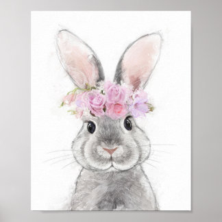 Poster Lapin gris avec Portrait de couronne de fleurs