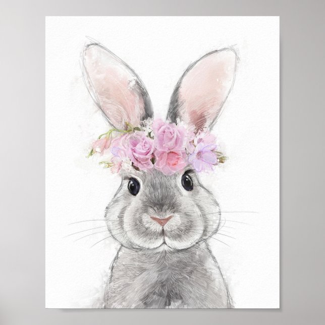 Poster Lapin gris avec Portrait de couronne de fleurs (Devant)