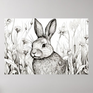 Poster Lapin Lapin Nature paisible Prairie Sketch Art