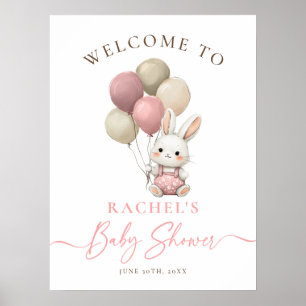 Poster Lapin Lapin rose Balloon Fille Baby shower Bienven