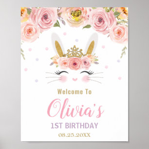 Poster Lapin lapin rose floral mou 1er anniversaire Bienv