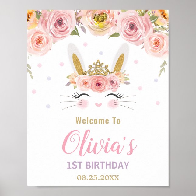 Poster Lapin lapin rose floral mou 1er anniversaire Bienv (Devant)