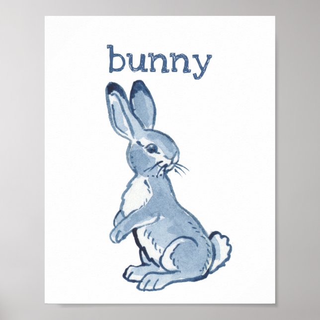 Poster Lapin Mignon Aquarelle Bleue Animaux Nature (Devant)