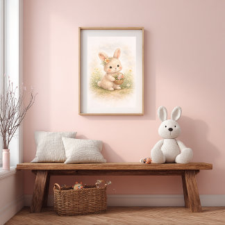 Poster Lapin Mignon Avec Panier de Fleurs Chambre Enfant