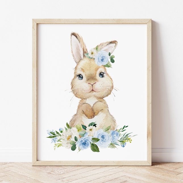 Poster Lapin mignon, Lapin, Fleurs Bleues, Pépinière (Créateur téléchargé)