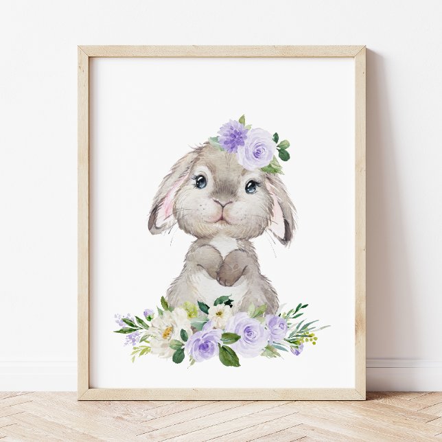 Poster Lapin mignon, Lapin, Fleurs pourpres, Neutre Genre (Créateur téléchargé)