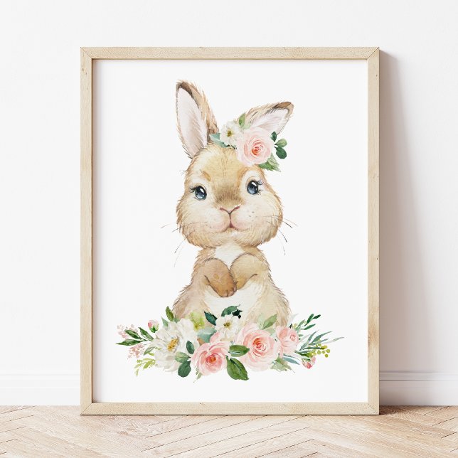 Poster Lapin mignon, Lapin, Fleurs roses, Nourriture pour (Créateur téléchargé)