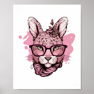 Poster Lapin Mignon Lunettes Roses Floral Léopard Pâques