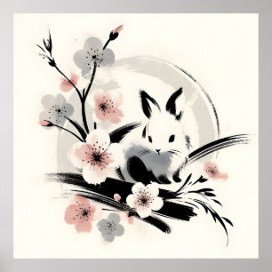 Poster Lapin minimaliste encre zen fleurs de cerisier