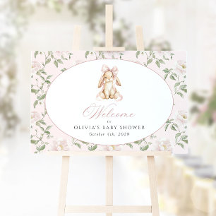 Poster Lapin, Nœud Rose, Fleurs Roses, Bienvenue à la Bab