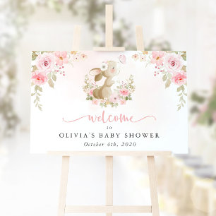 Poster Lapin, Papillon, Fleurs, Bienvenue à la Baby Showe
