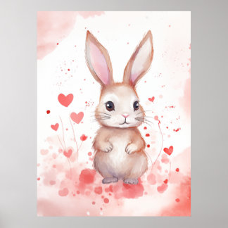 Poster Lapin pastel avec des cœurs Yeux marron nez rose