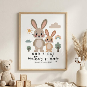 Poster Lapin pastel Maman Bébé Premier jour de la fête de