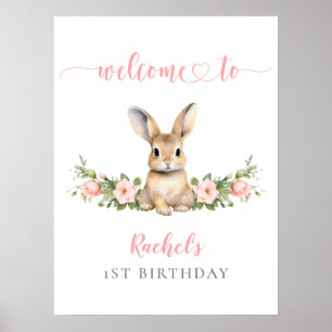 Poster Lapin rose Floral Girl 1er anniversaire Bienvenue