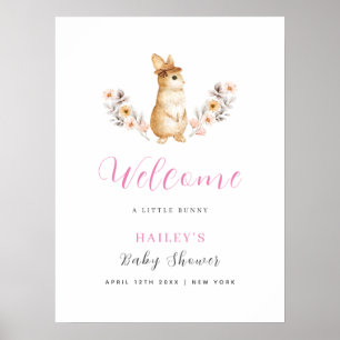 Poster Lapin Rose Mignon Fleur Sauvage Bienvenue Baby Sho